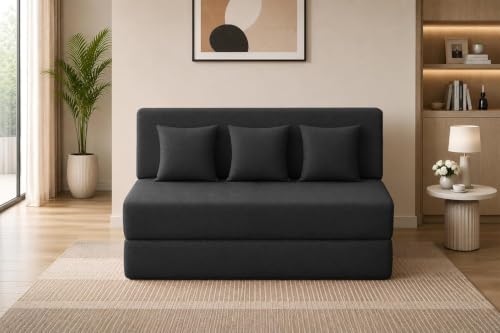 Image of Los Angeles Foldable Three Seater Sofa Cum Bed, Sofa Bed 5 X 6 Feet Jute Fabric Washable Cover Including 3 Cushion Perfect for Living Room - Black Color