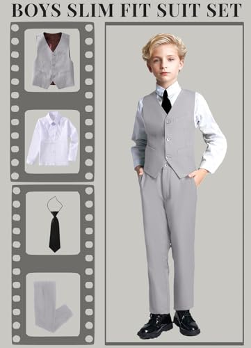 Image of YuanLu Toddler Boys Formal Suits Set,Vest Pants Dress Shirt and Tie for Kids Boy Wedding Ring Bearer Oufit