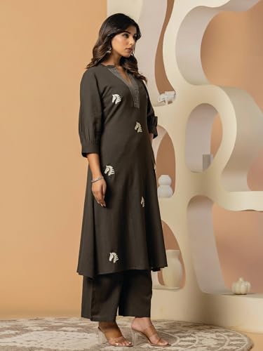 Image of INDO ERA Women's's Pure Cotton Embroidered Kurta Women | Floral Neck & Hem Embroidery | Cotton Kurta Women |