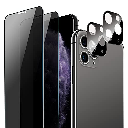 [4 Pack] QUESPLE 2 Pack Tempered Glass Privacy Screen Protector + 2 Pack Tempered Glass Camera Lens Protector for iPhone 11 Pro max(6.5inch), Premium [Anti-Spy] [Anti-Scratch] Tempered Glass Film