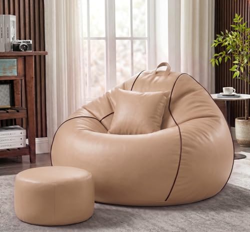 Image of Sattva Piping 5XL Sofa Style Bean Bag Chair with Beans Filled | Faux Leather Bin Bag Sofa Combo + Footstool & Cushion | Filled Beanbags for Adult & Teens | Beans Bag with Beans | Beige /Brown Piping