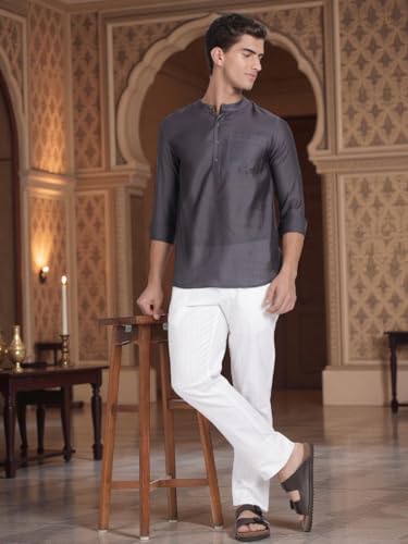 Image of KRYPTIC Men's Full Sleeve Regular Fit Short Kurta in Premium Pure Cotton with Patch Pocket and Mandarin Collar - Perfect Blend of Style and Comfort
