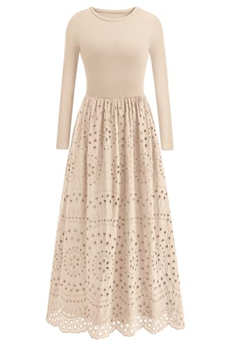 dowerme Women Fall Dresses 2025 Casual Long Sleeve Crewneck A-Line Boho Eyelet Cotton Maxi Wedding Guest Dress Pockets