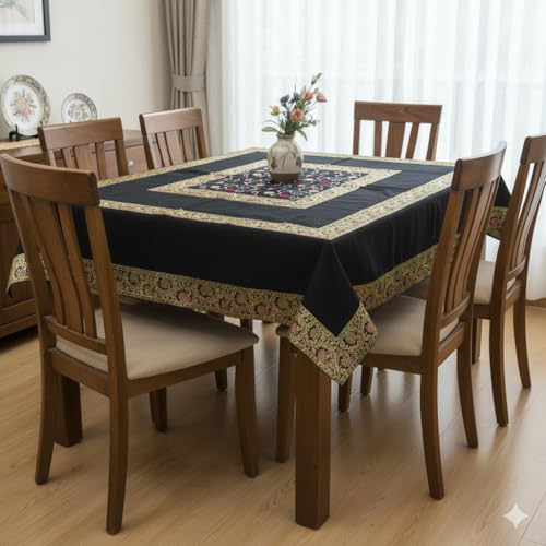 Image of New Year Room Decor Embroidery Brocade Silk Table Cover for Centre & Dinning Table and 4 & 6 Seater Dining Table /Tablecloth, (50 By 50 Inches) (Black)