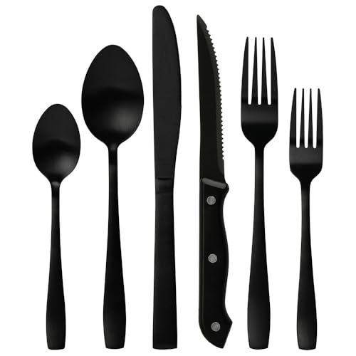 Wize Products 48-Piece Spoon, Steak Knife and Fork Sets – Black T...