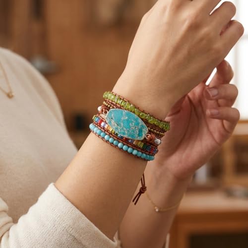 Image of YGLINE Boho Handmade Natural Stone Wrap Bracelets Jasper Crystal Beads Bracelet Jewelry