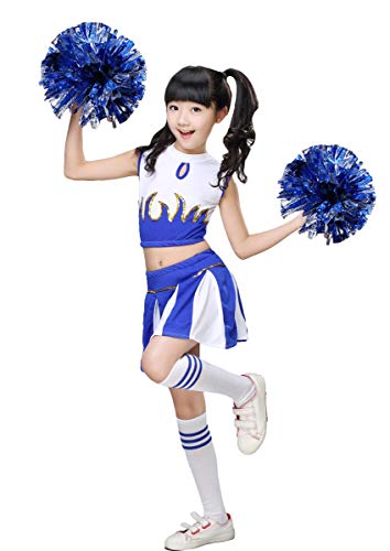 LOLANTA Girls Cheerleader Costume Cheerleading Children Dress Outfit Uniform with PomPoms(Blue, 5-6 years, Tag Size 120)