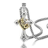 VIEENARY Cross Necklace For Men Antique Silver Titanium Stainless Steel & Brass Prayer Jesus Christ God With Cross Chain Gold Crown Ring Pendant Vintage Aesthetics Orthodox Jewelry (Crown-New)