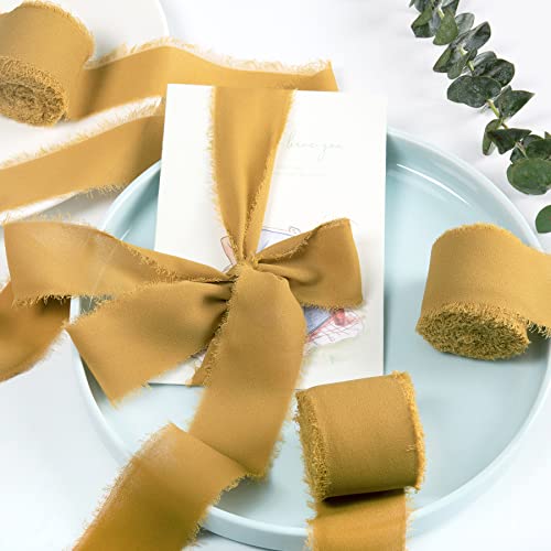 Jedia Gold Ribbon, 3 Rolls Handmade Fringe Chiffon Silk Ribbons, 1.5" X 7Yd Ribbon Set For Gift Wrapping, Wedding Invitations, Bouquet Wrap, Bridal Bouquets, Diy Crafts #TOP4