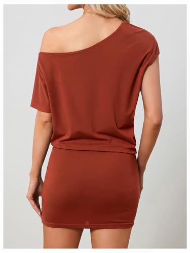 Image of SOLY HUX Women's Off The Shoulder Mini Dress Going Out Asymmetrical Neck Short Sleeve Casual Bodycon T Shirt Dresses