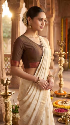 Image of Studio Shringaar Women's Handloom Cotton Stretchable (Smocked) Saree Blouse with Temple Zari Border