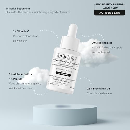 Image of Biomlogy All in 1 Multi Active Face Serum | 20% Niacinamide, 2% Vit C | Brightening, Firming, Premature Anti-Aging, Pigmentation | Improves Barrier, Overall Skin in 4 Weeks | 38.5% Actives| 30ml