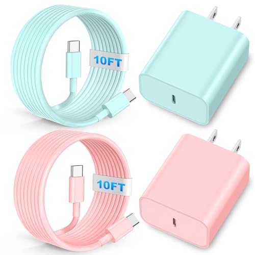Riofxqin Compatible with i Phone Chager Fast Charging, 2Pack 60W 10FT Long USB C Charging Cable Cord 20W USB C Charger Block, Compatible with i Phone 15/16/Plus/Pro/Pro Max - Pink Green
