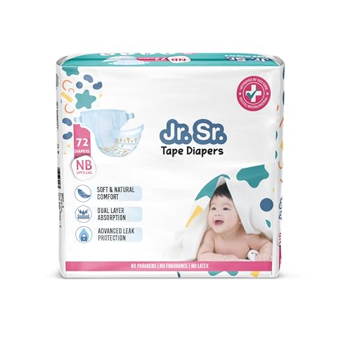 Image of Jr. Sr. Baby Tape Style Diaper | Adjustable Fit For Babies | Newborn /Extra Small (NB /XS) Size (0-5kg), 72 Count | Pack of 1 | Upto 12 hr Absorption with Advanced Leak Protection | Soft & Comfy