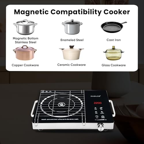 Image of Cadlec HeatMate 2200W Infrared Cooktop Stove with Grill Rack for Barbecue, Crystal Glass Plate, Digital Display, Touch Control, Infrared Hot Plate (Black)