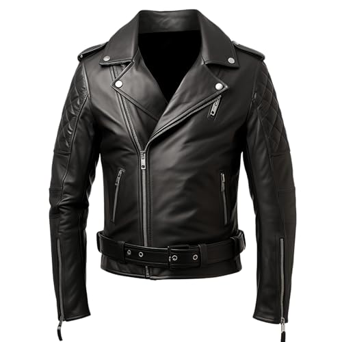 Mens Black Real Lambskin Leather Biker Jacket | Asymmetric Zip | Quilted Sleeves | Belted Slim Fit | Classic Style