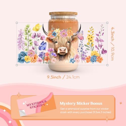 Image of Kaciola 10 Sheets UV DTF Cup Wraps for 16 oz- Highland Cow Theme UV DTF Stickers, 1 Sheet Mysterious Pattern Transfer, Rub on Transfers Stickers for 16 oz Libbey Glasses Crafting