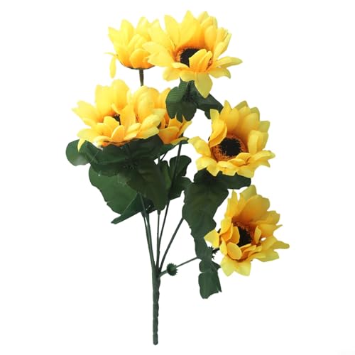 Bouquet de tournesols artificiels avec 7 têtes de fleurs en soie, arrangement floral jaune réaliste pour la maison, le bureau, le mariage ou la décoration de table de...