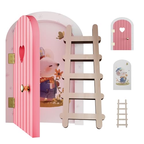 QIESIDM Tooth Fairy Door, Pink Wooden Fairy Door with Ladder
