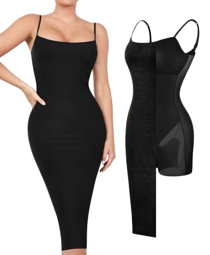 Image of Popilush Bodycon Midi Dress with Built in Shapewear Bra Club Outfits | Light Tummy Control, Spaghetti Straps, Removable Cups, Knee Length, Going Out Summer Dress