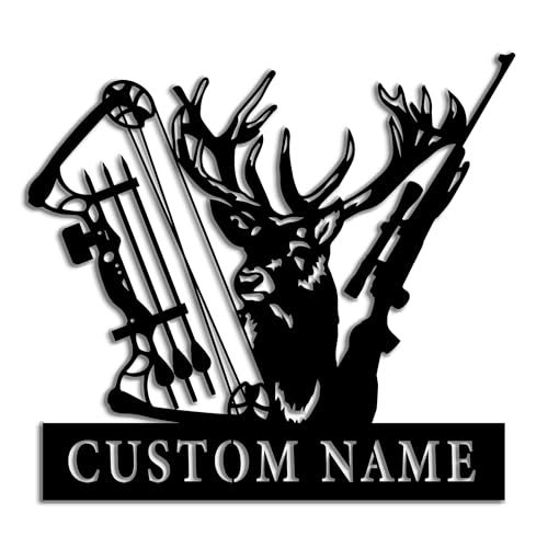 Custom Deer Hunting Metal Sign,Personalized Bow and Hunting Rifle Metal Wall Hanging,Deer Hunter Sign, Hoom Decor, Hunter's Gift,8-24 inch