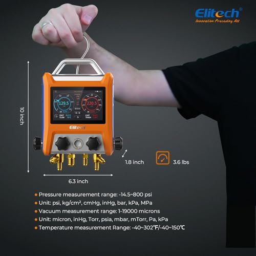 Elitech Kältetechnik die Monteurhilfe Manifold Gauge Set, Hochpräzises Vakuum Drucktemperatur Lecktester Tester, EMG-40V Pro Digitalmessgerät für Kühlschrank