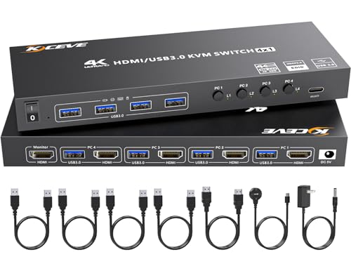 HDMI KVM Switch 4 Computers 4K@60Hz 2K@120Hz, Simulation EDID, Camgeet 4 Port USB3.0 KVM Switches for 4 PC Share 1 Monitor and Keyboard Mouse Printer,