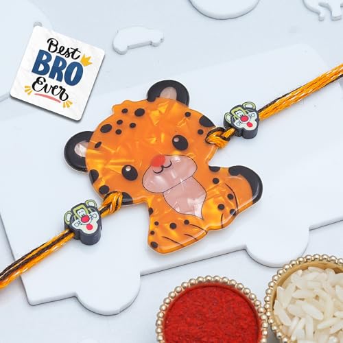 Image of eCraftIndia Leopard Design Rakhi for Kids Girls Boys with Best Bro Ever Fridge Magnet | Raksha Bandhan Kids Rakhi for Brother Bhaiya Bhai | Roli Chawal Pack