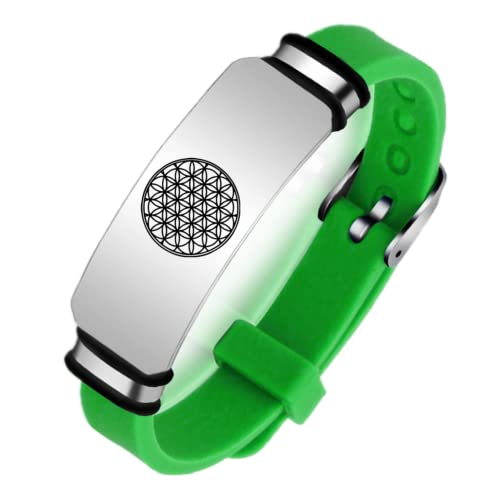 Pulsera budista de silicona con diseño de flor de la vida, diseño de geometría sagrada, regalo para meditación, protección y curación, ajustable, color verde, Acero inoxidable Silicona