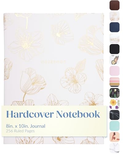 WORLD TRAVELER Large Lined Journal Notebook - Lay-Flat Hardcover 2 Ribbon Bookmarks 256 Ruled White & Ivory Pages 8x10 Inches, Gold Flower