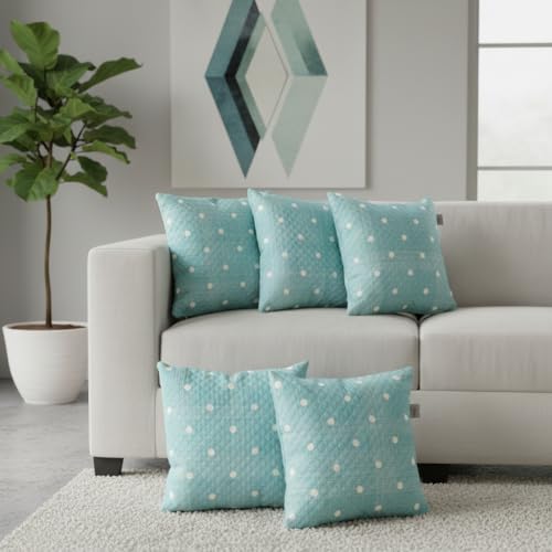 Image of STITCHNEST 'QuadraNest' Series Printed Quilted Velvet Cushion Cover 16x16 Inch Set of 5 | Premium Soft Fabric, Washable & Fade Resistant | Decorative Living Room Cushion Covers | Pastel Green
