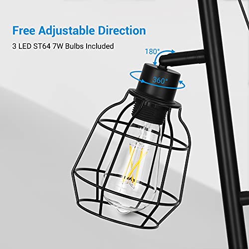 Edishine Tree Floor Lamp For Living Room, Industrial 3-Light Standing Lamp With 3 Led Bulbs, Adjustable Rotation Heads, E26 Base, Metal Shade, Farmhouse Rustic Reading Lamps For Bedroom Office Black #TOP3