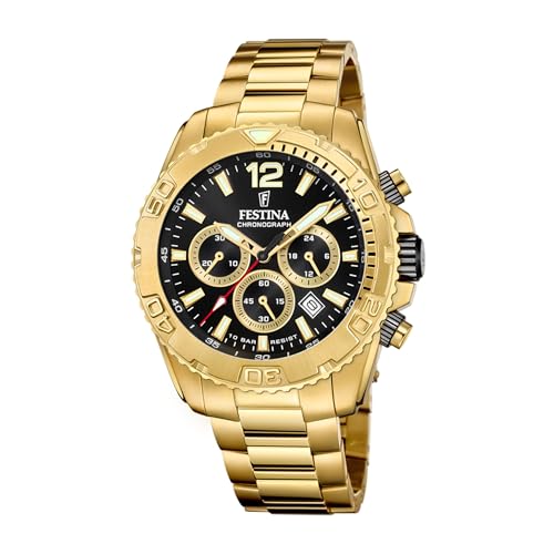 Festina Montre Homme Analogique en Acier Inoxydable 316L Doré - Mouvement Quartz - Chronographe - Calendrier - Verre Minéral Résistant - Étanche 10 ATM...