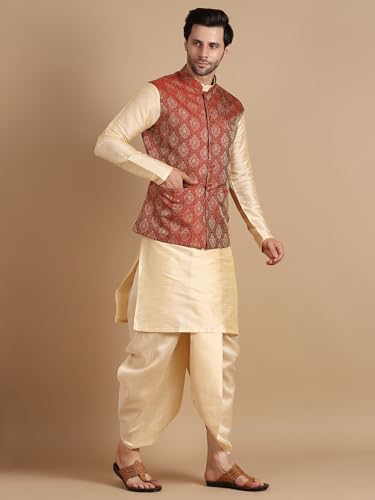 Image of Men's Silk Blend Solid Kurta Dhoti Set with Designer Ethnic Nehru Jacket