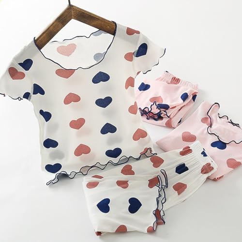 Girls Pyjamas Summer Shorts Sets Heart-Shaped Pattern Ruffled 𝗣js Knit Short Sleeve Tops and Pants 2pcs Sleepwear3