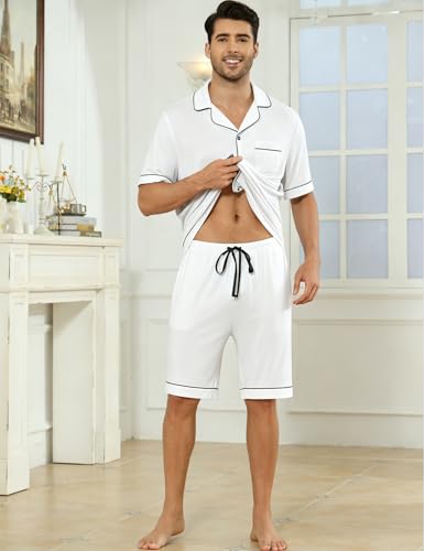 Image of Veseacky Men's Button Down Pajama Set Short Sleeve Shorts Modal Soft Sleepwear Loungewear Pjs with Pockets S-XXL