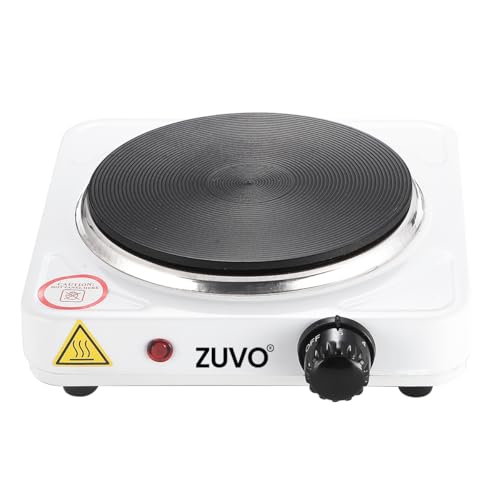 Zuvo 1500W Single Hot Plate Portable Electric Hob with Adjustable Thermostat | Cast Iron Heating Ring | Single Electric Hob for Camping Student Caravan & Home (White)
