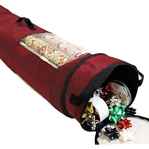 612 Vermont Wrapping Paper Storage Container, Bag Holds up to 12 Rolls 40 Inches Tall, 4 Inch Top Pocket Organizes Ribbon & Bows, 9 Inch Diameter Cover