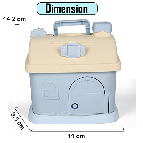 Image of WISHKEY House Shaped Piggy Bank for Kids, Money Saving Box Money Bank Container with Handle and Keys Cute Piggy Bank with Lock,ATM for Real Money, Gifting Item for Kids (Pack of 1, Blue)