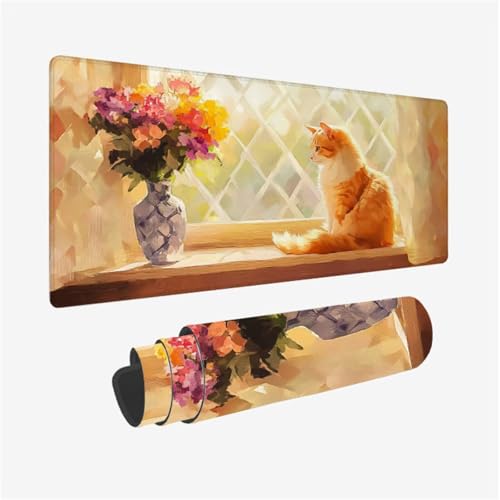 Alfombrilla Ratón XXL Gaming 1000 x 500 x 3mm Grande Alfombrilla Ratón Gato Mousepad Flor Diseño con Base de Goma Antideslizante y Bordes Cosidos para Decoracion Escritorio, Regalo Hombre,Model720