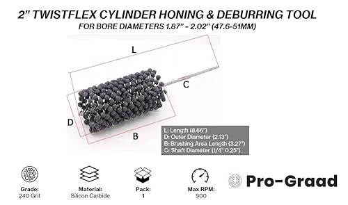 Image of 2 inch 240 Grit Silicon Carbide TwistFlex Cylinder Hone for 1.87 inch - 2.02 inch Bores | Flexible Cylinder Honing, Deburring, Cross-Hatch Finishing Tool for Mild Steel, Stainless, Cast Iron, Softer Ferrous Metals