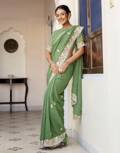 Image of SIRIL Women's Shimmer Chiffon Sequence Embroidery Saree With Unstitched Blouse Piece for Wedding and Parties