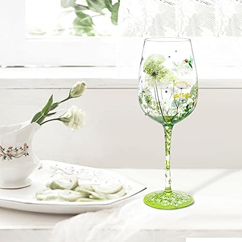 NymphFable Annes Lace Flower Wine Glass Bird Gragonfly Artisan Painted Glass 15oz Personalised Gift for Best Friend