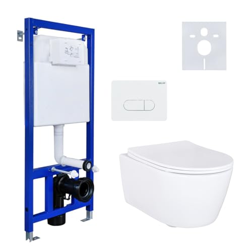 ALONI Hänge-WC Komplettset Weiß - wandhängendes WC aus Sanitärkeramik mit Vorwandelement 3/6 L Betätigungsplatte und ALONI Softclose WC-Sitz aus Duroplast