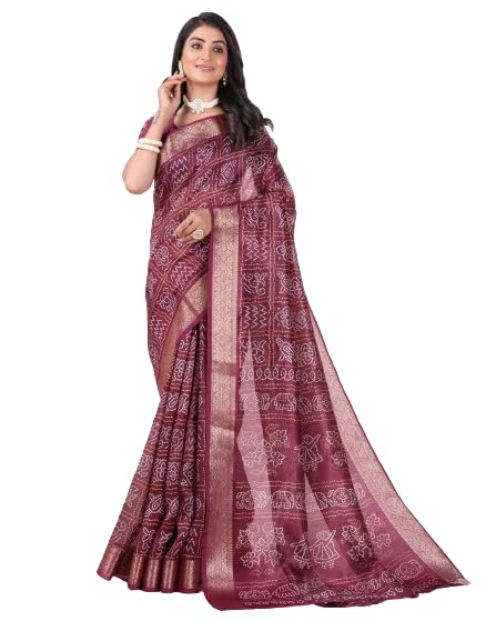 GHAN SALSWomen's Printed cotton Saree With Unstiched Blouse