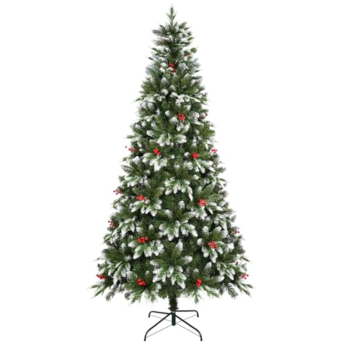 Uten Árvore de Natal artificial 150 cm, luxo PE árvore neve decoração interiores, 500 aspeto natural pontas PVC e PE, 23 grupos bagas vermelhas, ramo de dobradiça, base de metal, reutilizável