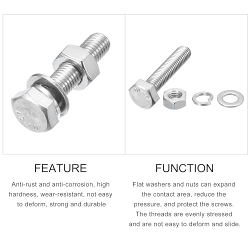 Image of METALLIXITY Hex Head Screws Bolts, Nuts, Flat & Lock Washers Kits (M10-1.5x45mm) 6 Set, Stainless Steel Fully Threaded Machine Screws Bolt Set - for Home Appliance Equipment