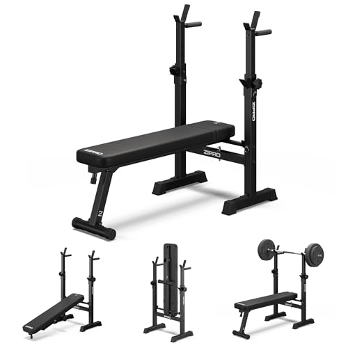 Zipro Bankdrücken Bank Core, Fitnessbank mit verstellbaren Hantelablagen, klappbar Bench Press, Drückerbank mit Liegestützgriffen, Gesamtbelastbarkeit 230kg, Kraftstation ohne Stange