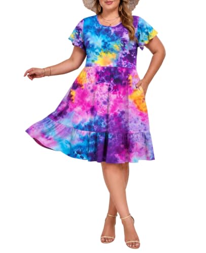 Image of Women's Plus Size Casual Dress Crew Neck Ruffle Floral Short Sleeve Summer Midi Dresses with Pockets