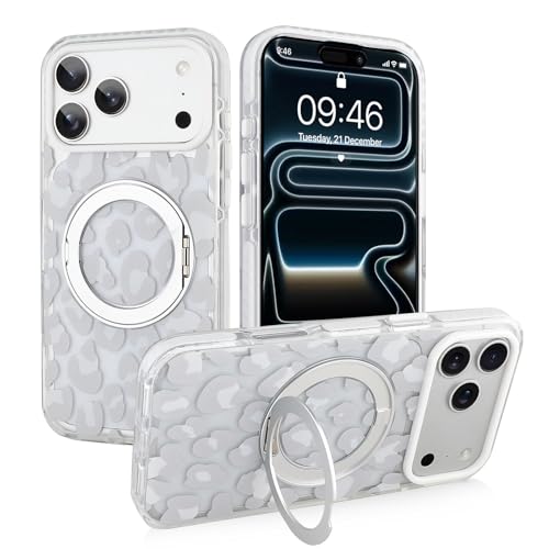 Image of SAKUULO Magnetic for iPhone 17 Pro Max Case (6.9”) – with Invisible Magnetic O-Ring Stand Clear Phone Cases, Shockproof Military-Grade Drop Protection | Stylish Grey Leopard Print Design